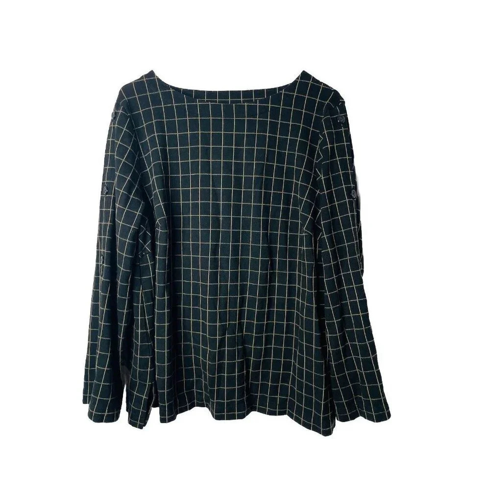 J Jill Ponte Blouse 2x WindowPane Plaid Button Accent Stretch Side Slit Buttons